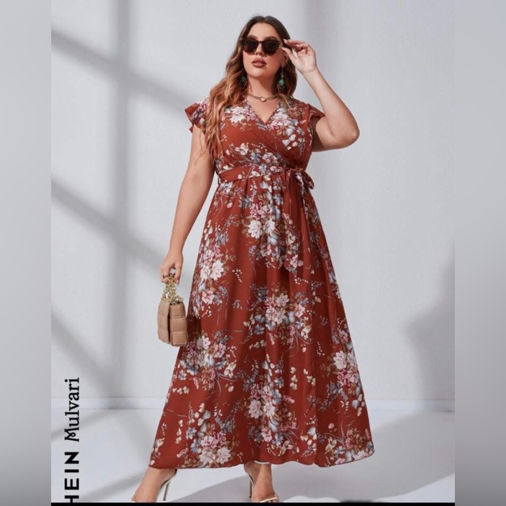 NWOT SHEIN Rust Floral Wrap Maxi Dress with Tie Waist